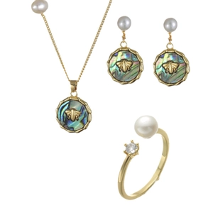 Golden bee necklace set with freshwater pearls and iridescent abalone shell accents