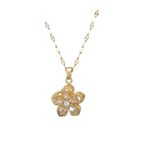 Collier pendentif orchidée dorée rotative avec cristaux de zircon sur une chaîne fine
