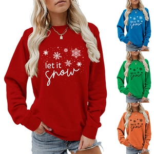Detailed grid showing casual crewneck sweatshirts with Let It Snow snowflake prints in four colors