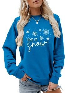 Detail of Let it snow lettering and white snowflake print on blue crewneck sweatshirt