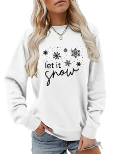 Detail of the Let It Snow text and snowflake print on white crewneck sweatshirt