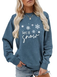 Detail of Let It Snow lettering and white snowflake print on misty blue crewneck sweatshirt