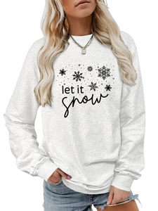 Detail of Let It Snow lettering and snowflake print on gray crewneck sweatshirt