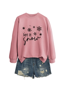 Pink sweatshirt featuring Let it snow text and snowflake graphic with ribbed cuffs