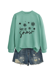 Detail of Let It Snow sweatshirt with snowflake print and distressed denim shorts