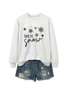 Detail of Let It Snow grey sweatshirt neckline with S size tag and denim short