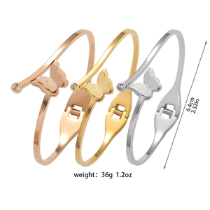 Three frosted butterfly bracelets in rose gold, gold, and silver finishes with dimensions