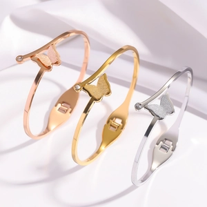 Elegant frosted butterfly bangle bracelets in rose gold, gold, and silver metal finish
