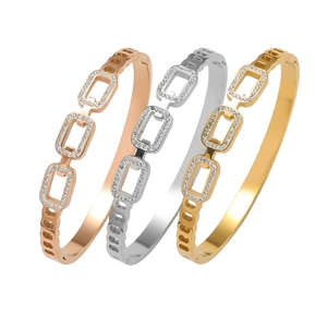 Bracelet Jonc Minimaliste à la Mode en Acier Inoxydable avec Strass Manchette à Fermoir Rectangle Géométrique Évidé pour Femme Bijoux Quotidiens
