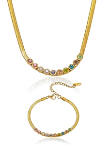 Detail of gold snake chain jewelry set featuring colorful zircon gemstones and K18 engraving
