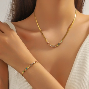 Gold snake chain jewelry set with colorful round zircon pendants for women