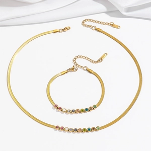 Colorful Zircon Stainless Steel Necklace And Bracelet 18K Gold Plated Geometric Herringbone Snake Chain Jewelry Women
