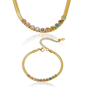 18K gold plated herringbone chain necklace and bracelet set with colorful zircon stones