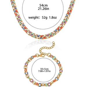 Kleurrijke emaille geometrische schakelketting en armband set in goudkleurig staal