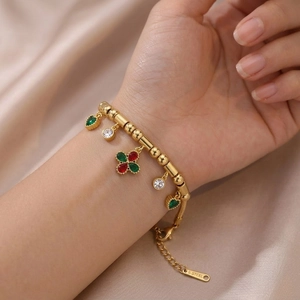 Bracelet À Pendentif Coeur Trèfle À Quatre Feuilles En Acier Inoxydable Pour Femmes Chaîne Serpent Plaquée Or Bijoux Mode Zircone Rouge Vert