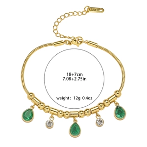 Gold stainless steel bracelet with green pear stones and zircon charms, length 18+7cm