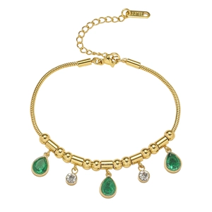 Golden stainless steel snake chain bracelet with emerald green water drop zirconia charms