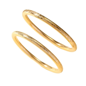 Pair of retro gold titanium steel bangles featuring traditional Chinese Fu character patterns