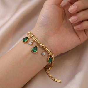 Gold Plated Stainless Steel Snake Chain Bracelet With Emerald Green Water Drop Zircon And White Round Cubic Zirconia