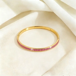 Bracelet Jonc en Acier Inoxydable de Luxe pour Femme Plaqué Or Zircone Rose Incrusté Bijoux Minimalistes Accessoire Élégant