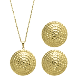 Parure de bijoux dorés avec collier pendentif rond et boucles d'oreilles texturées