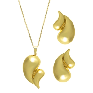 Parure collier pendentif goutte d'eau dorée polie et boucles d'oreilles assorties