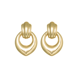 Elegant gold fan-shaped drop earrings with rounded hollow pendants and polished finish