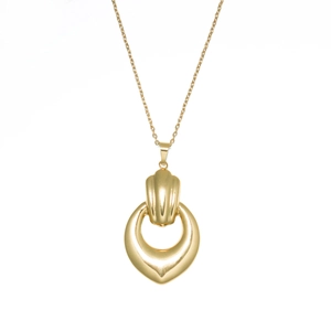 Polished gold stainless steel necklace featuring a unique ribbed geometric ring pendant