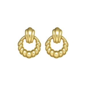 Goldene runde Anhänger-Ohrringe im Vintage-Stil mit Spiraltextur auf weißem Grund