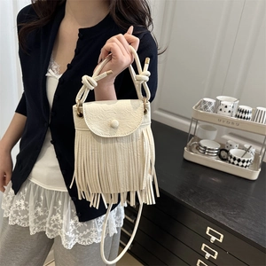 Off-white square crossbody bag with fringe tassel and knotted top handle detail