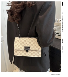 Detail of beige monogram crossbody bag with metal chain strap and sleek metal buckle