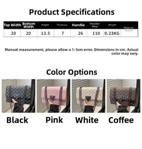 Detailed size specifications and four color variants of the M-patterned chain crossbody bag