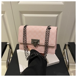 Close-up of pink crossbody bag featuring M-pattern leather and gray metal chain strap