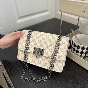 Fashion Women PU Leather Small Square Bag With M Letter Monogram Chain Strap Shoulder Bag Casual Crossbody Flap Bag