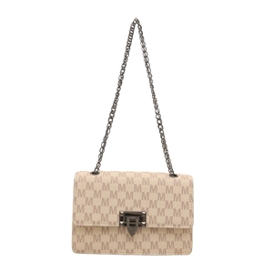 Beige chain shoulder bag with M-letter monogram print and gunmetal hardware detail