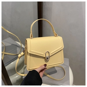 Detail of cream leather handbag showing gold oval buckle and top handle in mirror view