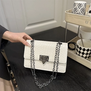 Retro Women Crossbody Bag Woven Texture PU Leather Crocodile Pattern Metal Chain Strap Small Square Shoulder Bag