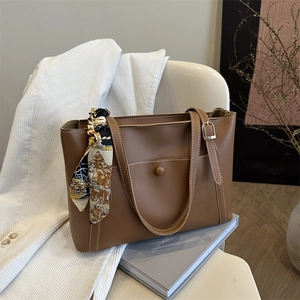 Women Large Tote Bag PU Leather Commuter Office Handbag With Satin Scarf Decor Contrast Stitching Shoulder Bag Retro Bucket Bag