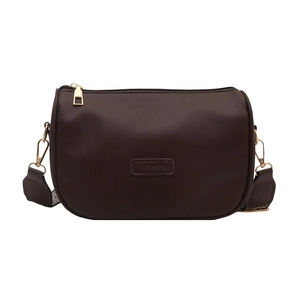Deep brown square crossbody bag with wide patterned strap and gold hardware on white background