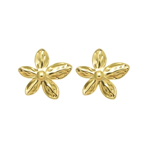 Golden flower earrings with hammered texture and center bead in a minimalist style
