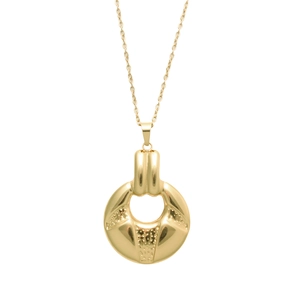 Collier pendentif rond doré avec texture à pois et finition polie sur fond blanc