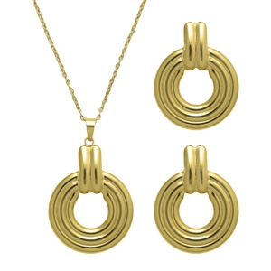 Three-piece gold hollow necklace and stud earrings set with vintage ribbed concentric rings