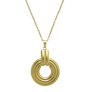 Modern gold multi-layered circular pendant necklace with polished finish on white background