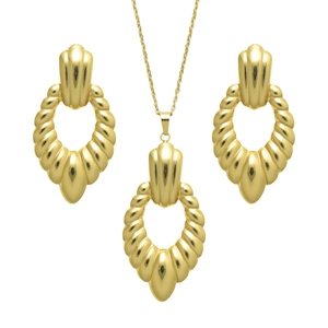Parure de bijoux dorée en acier inoxydable avec pendentif ovale nervuré et boucles