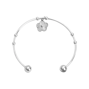 Bracelet jonc ouvert élégant en acier inoxydable argenté avec pendentif fleur perlé