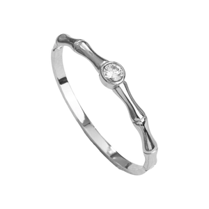 Silver bamboo-shaped bangle featuring a brilliant-cut center diamond on a sleek metal ring