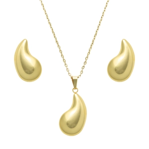 French vintage water drop jewelry set with gold bean pendant necklace and earrings