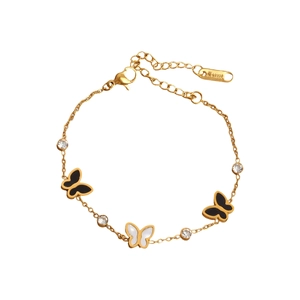Bracelet papillon en acier inoxydable plaqué or 18 carats avec émail noir et blanc