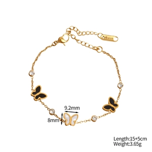 Bracelet en acier inoxydable plaqué or 18K avec breloques papillon et zircons