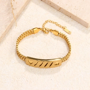 Gold stainless steel wheat chain bracelet with hollow heart metal plate on stone